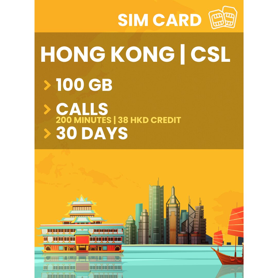 CSL Hong Kong SIM Card 100 GB 200 Minutes Calls + 38HKD Credit 30