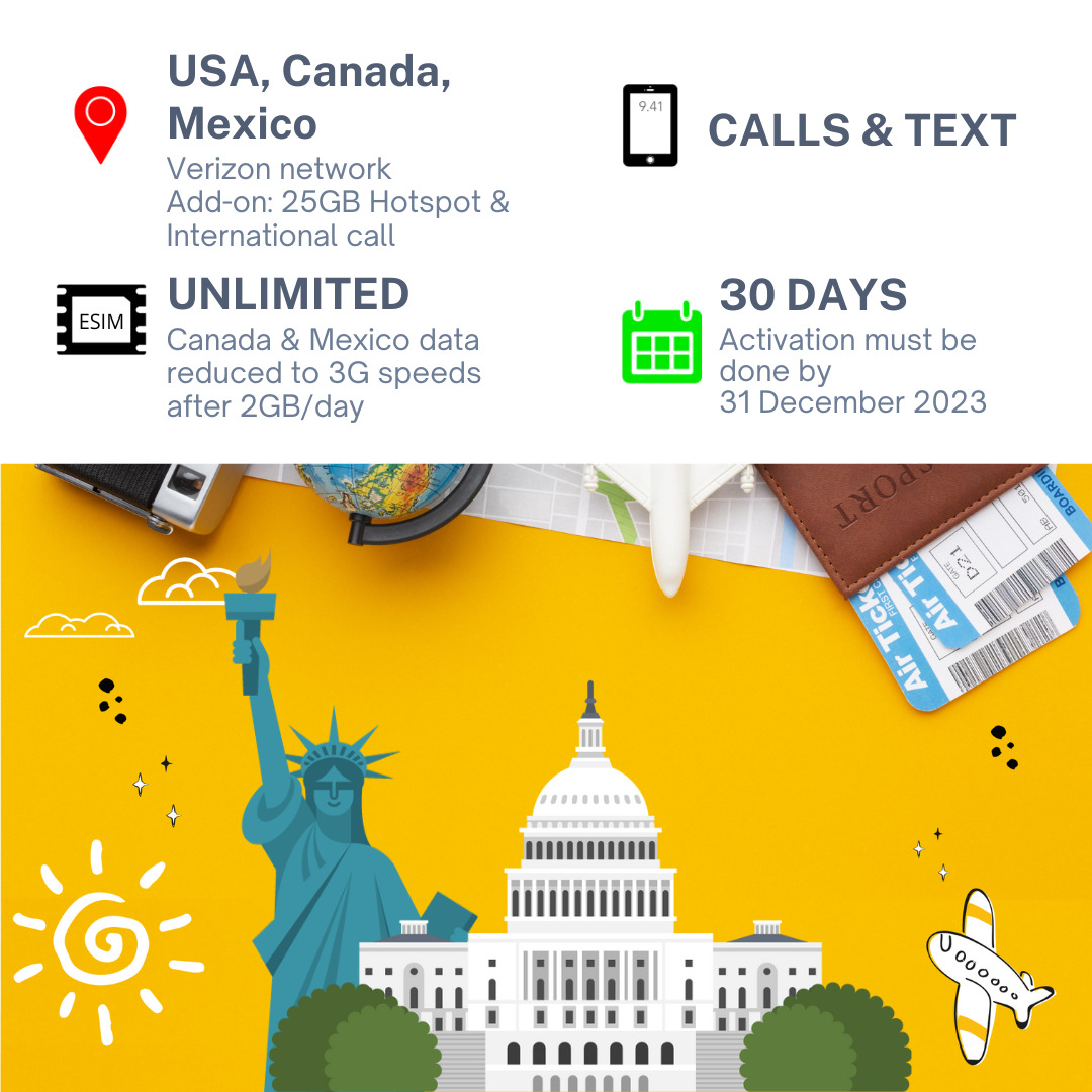 Verizon USA, Canada & Mexico ESIM Unlimited Data, Calls & Text 30