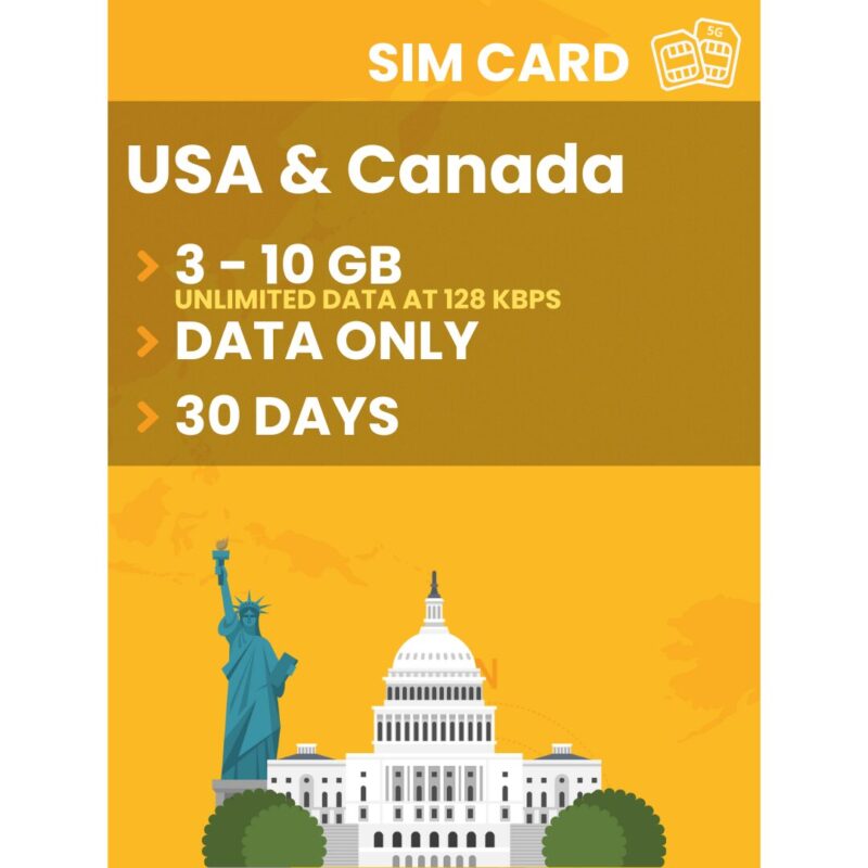 USA & Canada 5G SIM Card 3 10GB DataOnly 30 Days TravelKon
