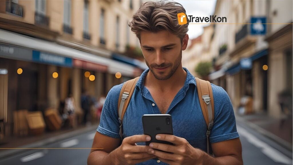 image of man holding a smartphone, going to buy esim europe