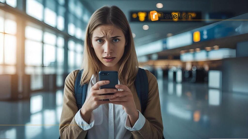 image of woman confuse holding a smartphone, going to buy esim europe