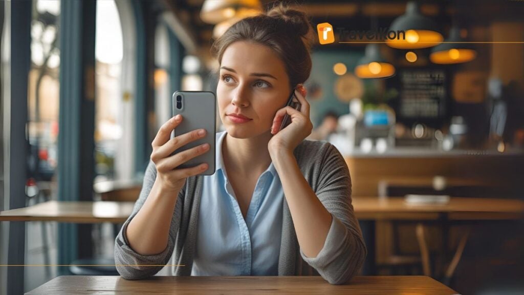 image of woman holding a smartphone, going to buy esim europe