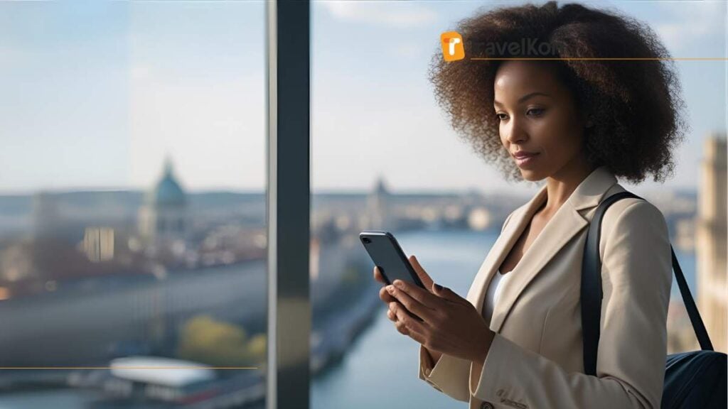 image of woman holding smartphone, going to buy esim europe