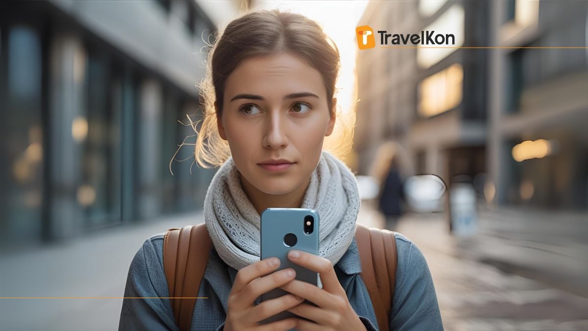image of woman walking with smartphone, going to buy esim europe