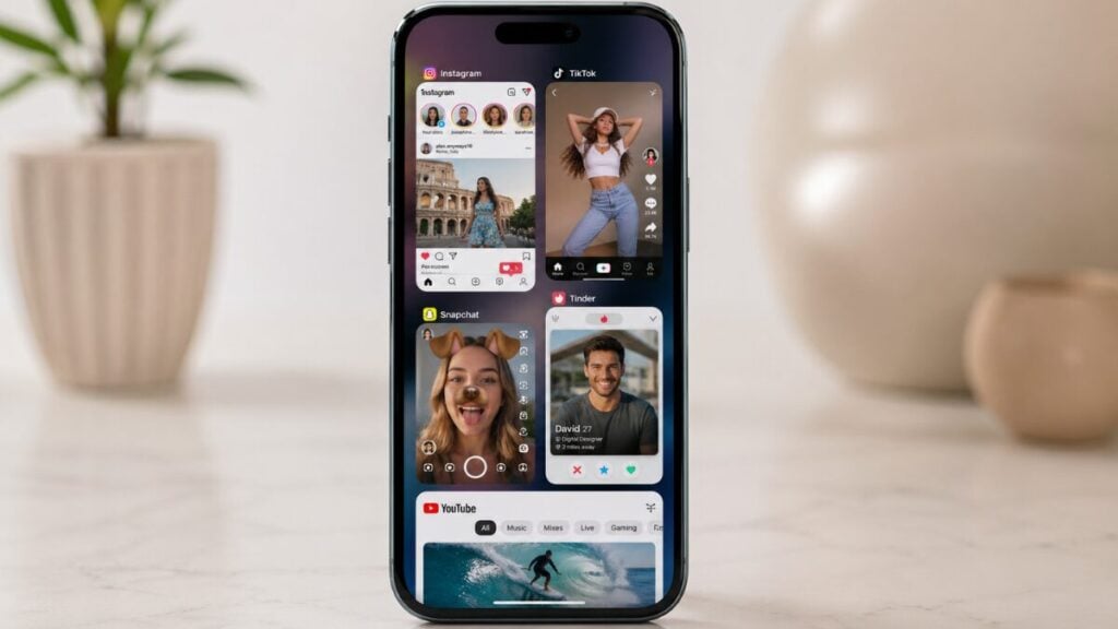 Smartphone-with-Instagram-TikTok-Snapchat-Tinder-and-YouTube-open