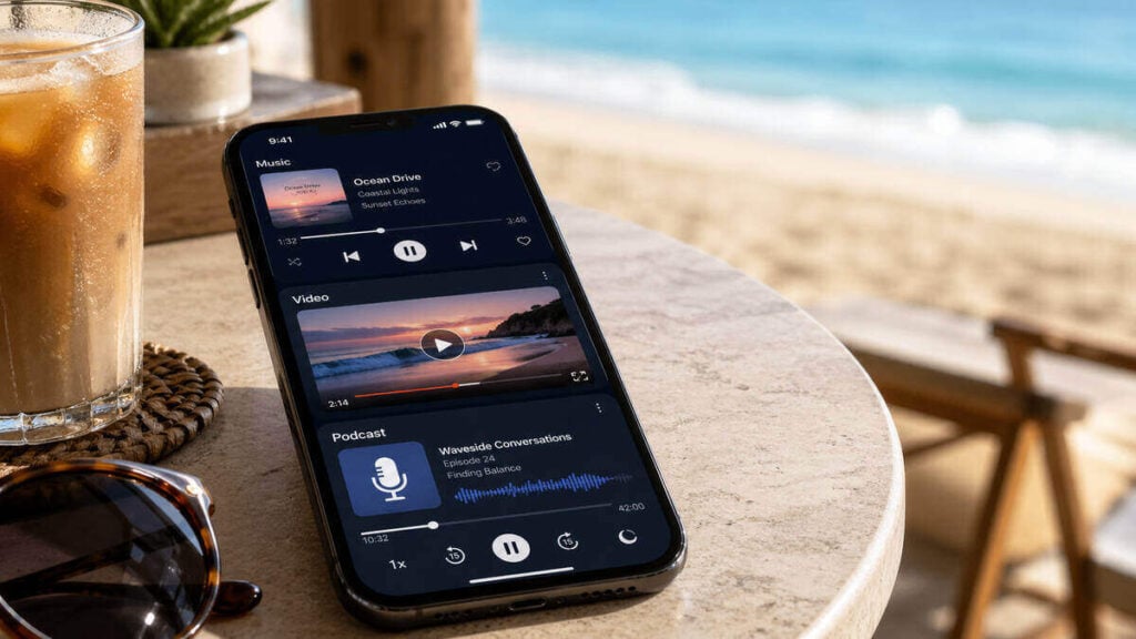 smartphone with music video and podcast open
