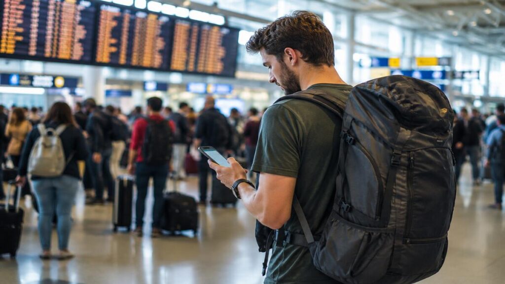 someone checking their phone at the airport roaming charges