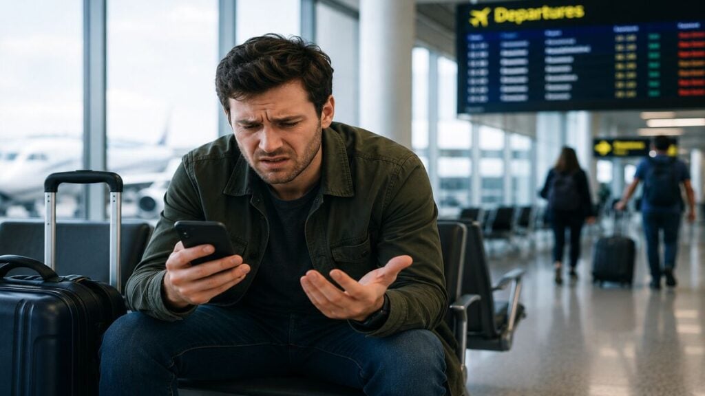 frustrated traveller in airport terminal pdp failure